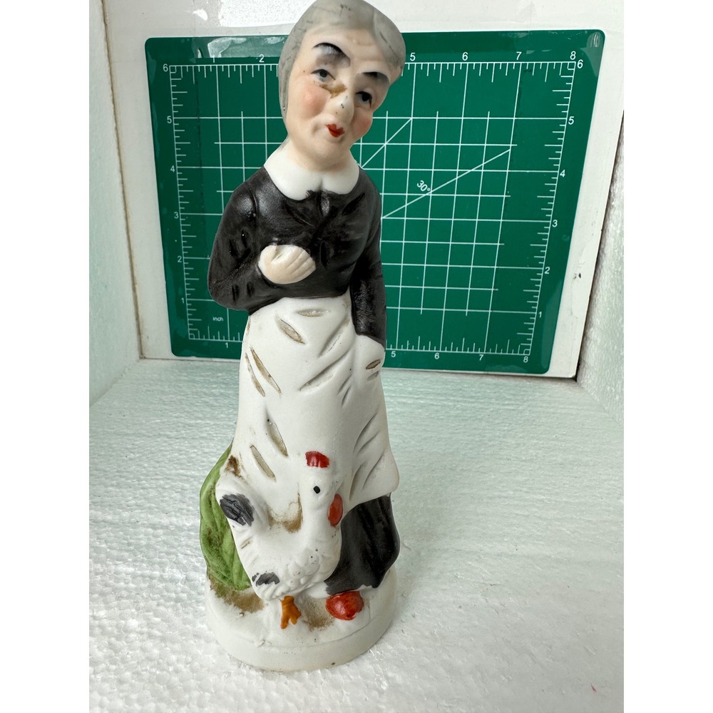 Vintage Old Woman with Rooster Figurine Ceramic Farmhouse Decor Collectible